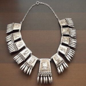 AMAZING Vintage Aztec Warrior 900 Sterling Silver Panel w/Fringe Necklace 16.5”